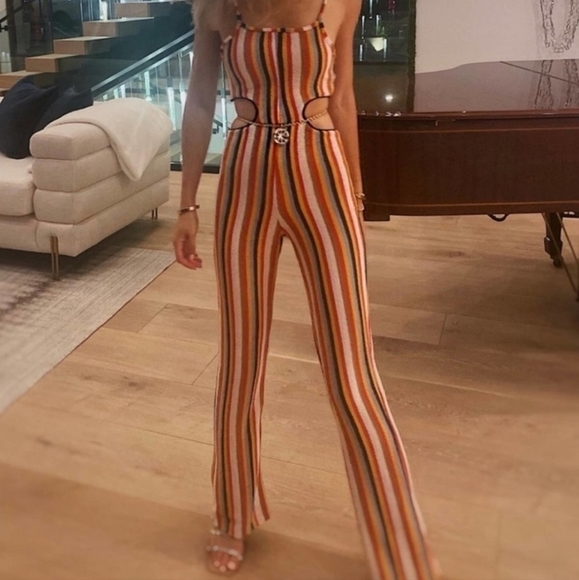 Zara Crochet Terrycloth Vertical Striped Cutout Blogger Fave Jumpsuit New Large - Picture 8 of 16